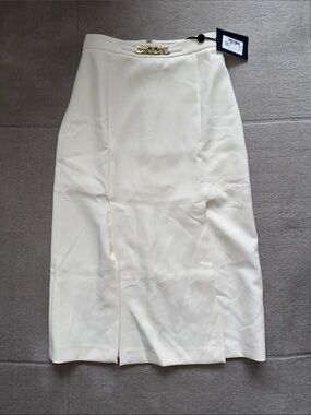 NWT TwinSet Cream Midi Pencil Skirt with Gold Logo Accent